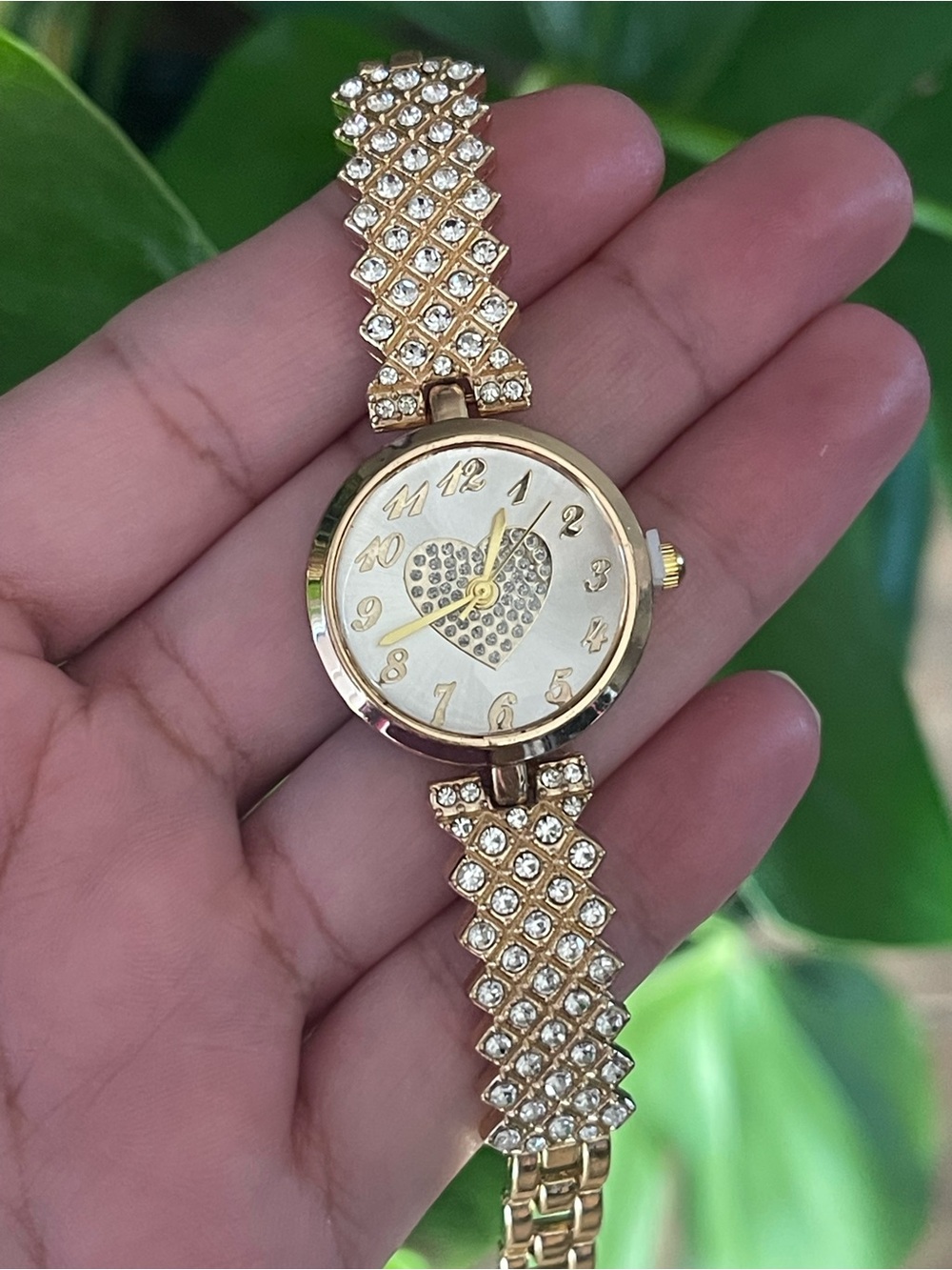 Gold Crystal Heart Dial Women’s Bracelet Watch